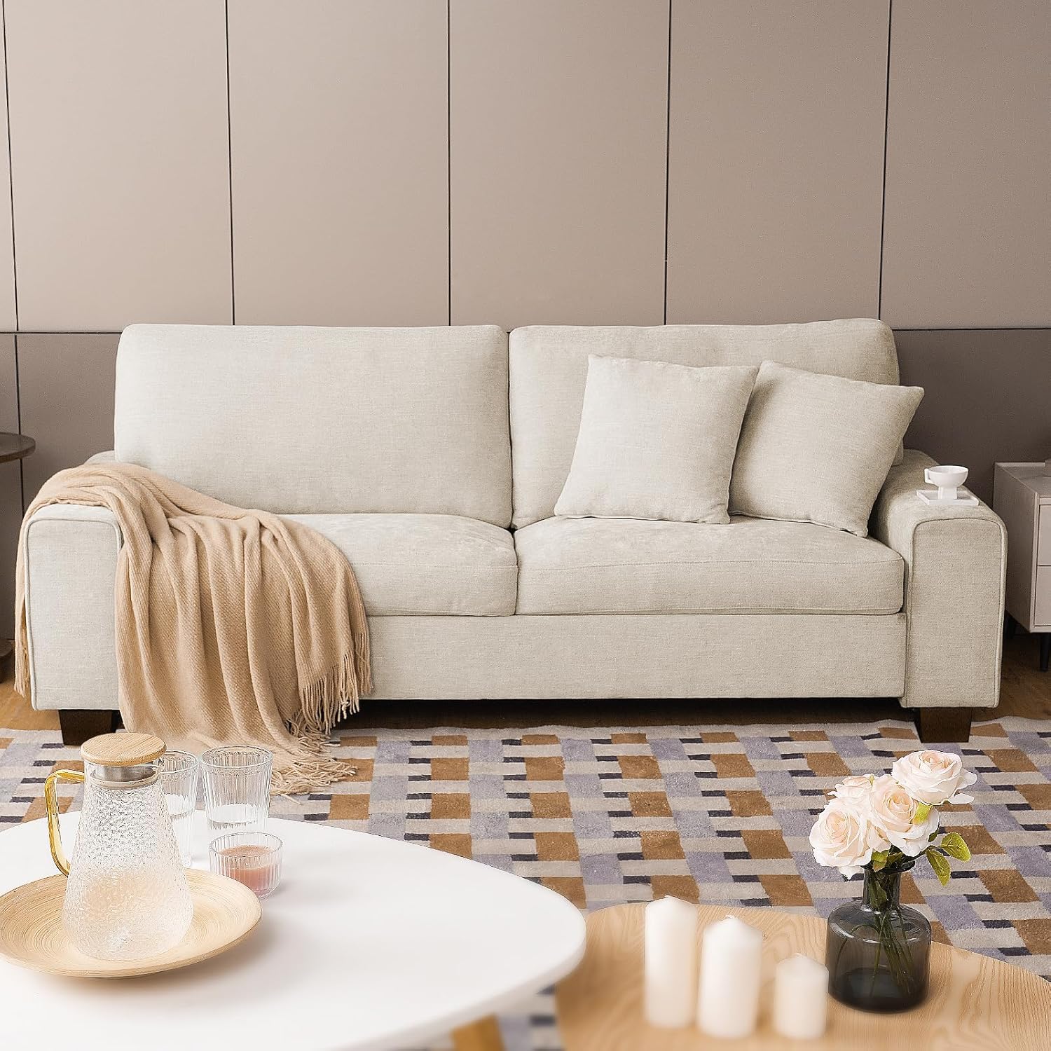 DOPEDIO Modern Loveseat Sofa for Living Room,Chenille Recliner, Removable Cover, Spring Cushions, Solid Wood Frame, Easy Assembly for Small Spaces (71.25inch .Beige)