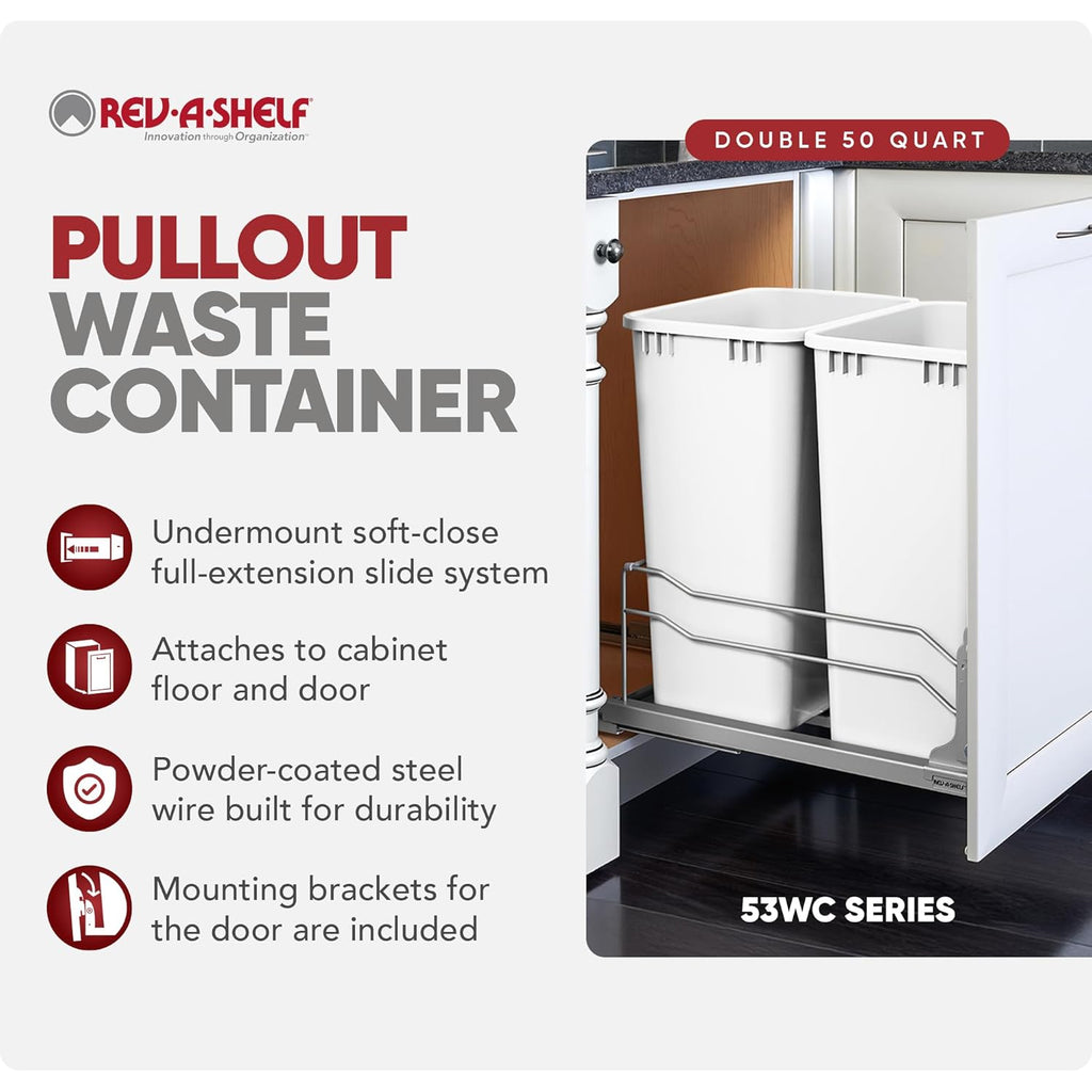 Rev-A-Shelf Double Pullout Trash Cans for Full Height Kitchen Cabinets 50 Quart 12.5 Gallon with Soft-Close Slides, White, 53WC-2150SCDM-211