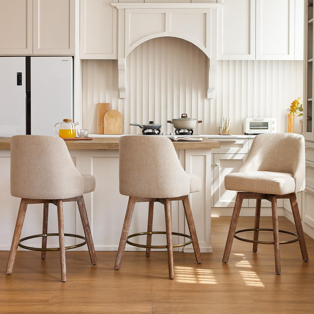 Counter Height Bar Stools,Sand-Colored Linen Comfort Fabric Bar Stool Set of 3 .360° Swivel Counter Height Stools Solid Wood Legs,27'' Barstools with Contoured Backrest
