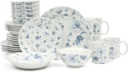Martha Stewart Empress Bouquet 30 Piece Decorated Porcelain Chip and Scratch Resistant Dinnerware Plates and Bowls Set - Blue Floral