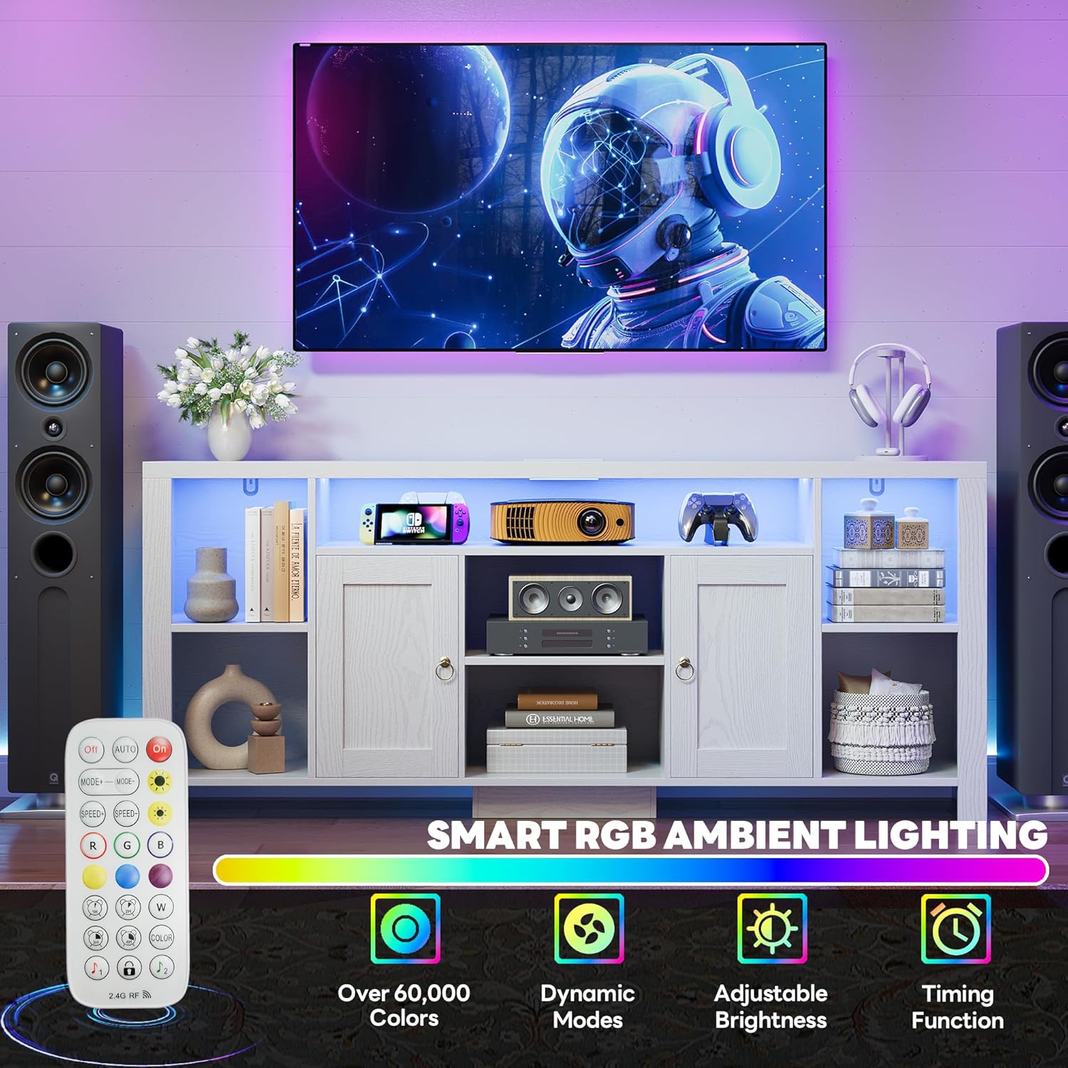 LIKIMIO TV Stand for TVs 80 inch with LED Lights & Power Outlet, Entertainment Center with Cabinets, Adjustable Shelves and Open Shelves, Modern Media TV Console Living Room, White