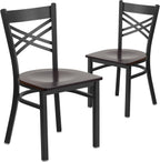Flash Furniture 2 Pack HERCULES Series Black ''X'' Back Metal Restaurant Chair - Walnut Wood Seat