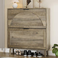 Shoe Storage Cabinet with 2 Flip Drawers, Narrow Wood Shoe Organizer Cabinet with Fluted Panel, Slim Shoe Rack for Entryway, Freestanding Shoe Cabinet for Living Room, Hallway, Grey