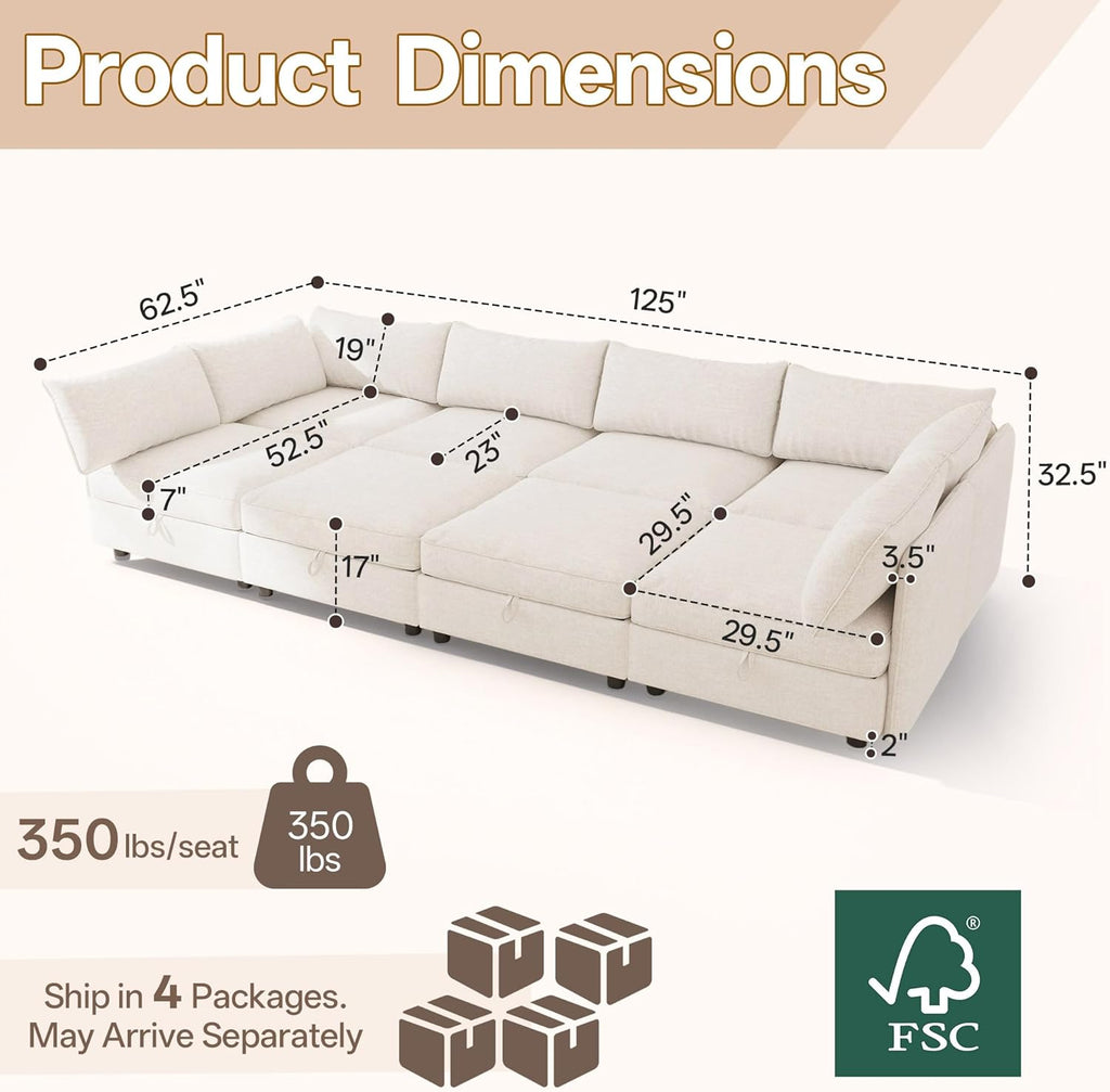 125" Chenille Modular Sectional Sofa Bed Hidden Storage, Convertible L U Shaped Sleeper Couch, 8 Seat Modern Modular Sectional Sofa with Removable Covers & Ottoman Chaise, for Living Room, Beige
