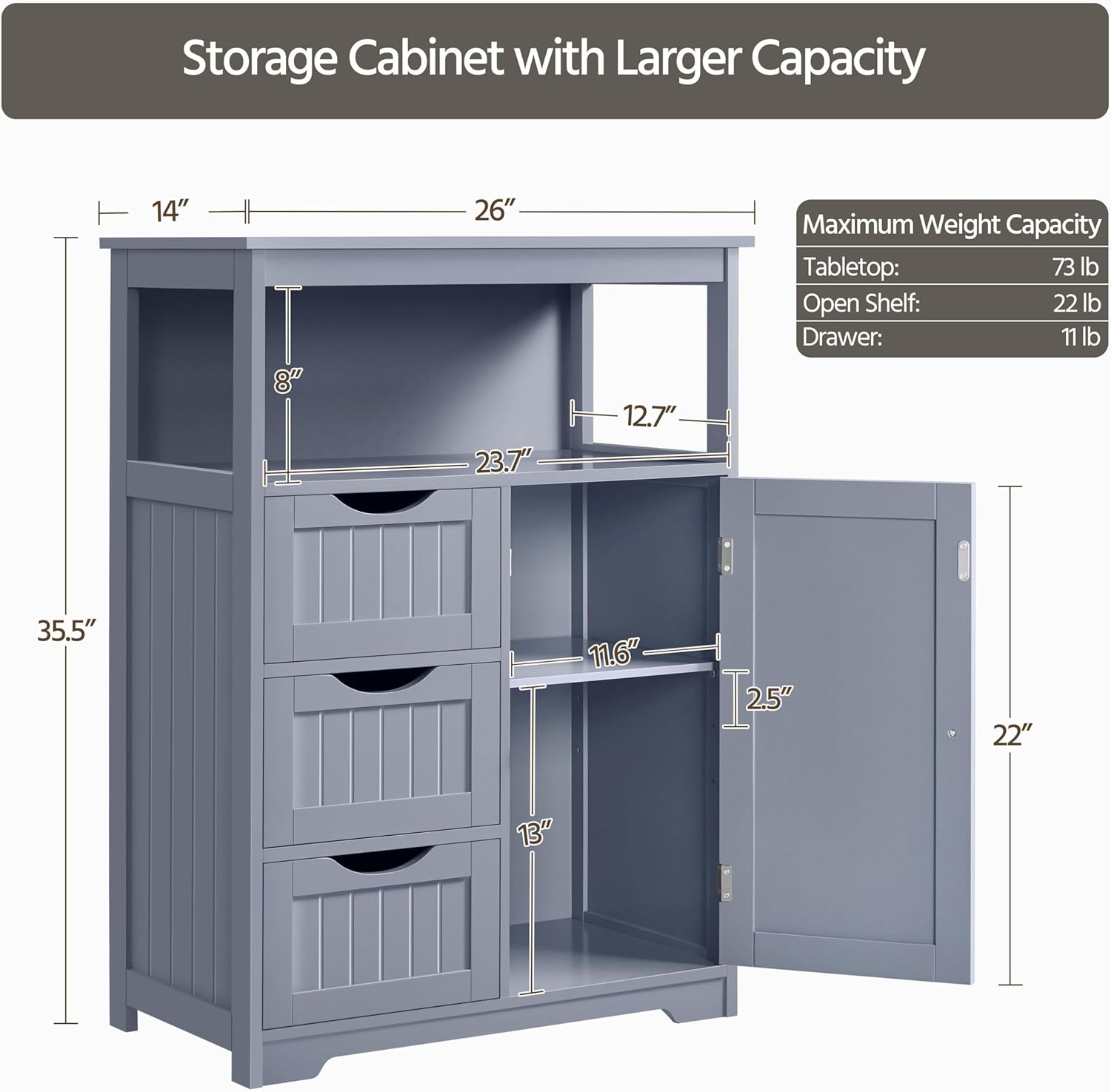 Yaheetech Bathroom Storage Cabinet Bathroom Floor Cabinet Freestanding Storage and Organizer with Door, 3 Drawers, Adjustable Shelf, 35.5 Inches Height, Gray