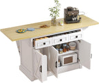 Bigbiglife 71.3" Large Kitchen Island with Drop Leaf, Power Outlet, Kitchen Island Cart w/ 3 Solid Drawers, Island Table with Trash Storage Cabinet & 3 Large Storage Rack, Spice Rack, White