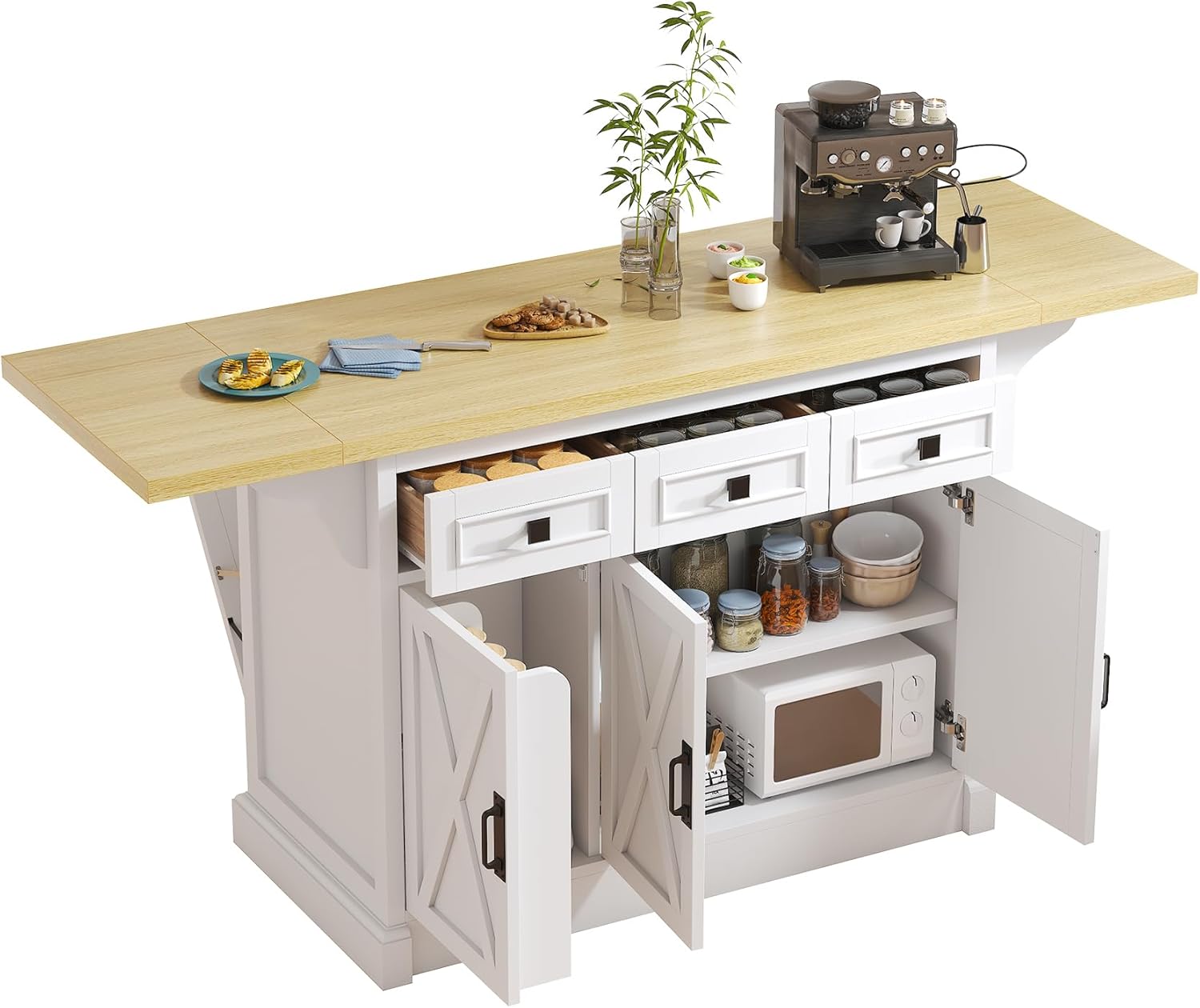 Bigbiglife 71.3" Large Kitchen Island with Drop Leaf, Power Outlet, Kitchen Island Cart w/ 3 Solid Drawers, Island Table with Trash Storage Cabinet & 3 Large Storage Rack, Spice Rack, White