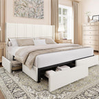 King Size Bed Frame with 4 Storage Drawers Linen Upholstered Platform Bed with Wingback Headboard, No Box Spring Needed, Easy Assembly, White