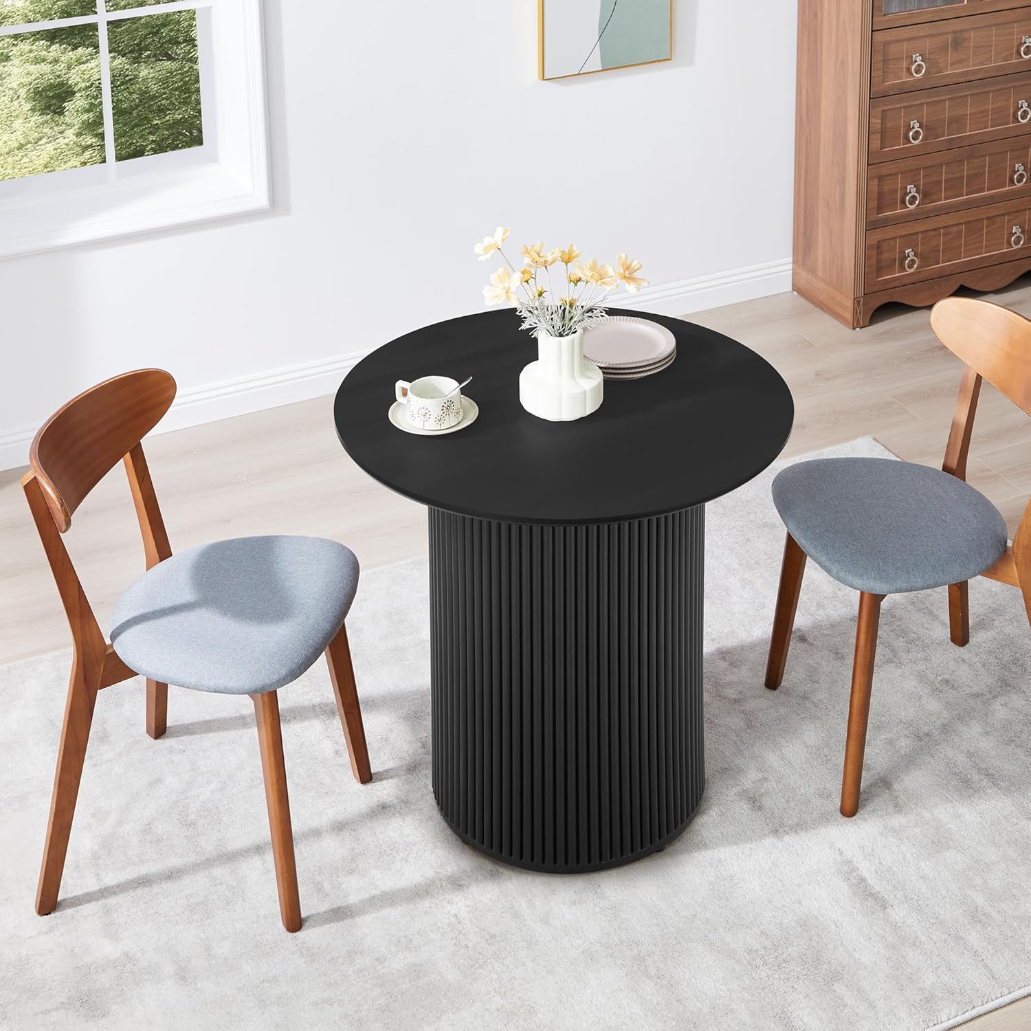 31.5" Black Round Dining Table for 2, Sturdy and Durable Round Wood Dining Table with Fluted Base, Simple Setup Small Kitchen Table for Living Dining Room Office (Black)
