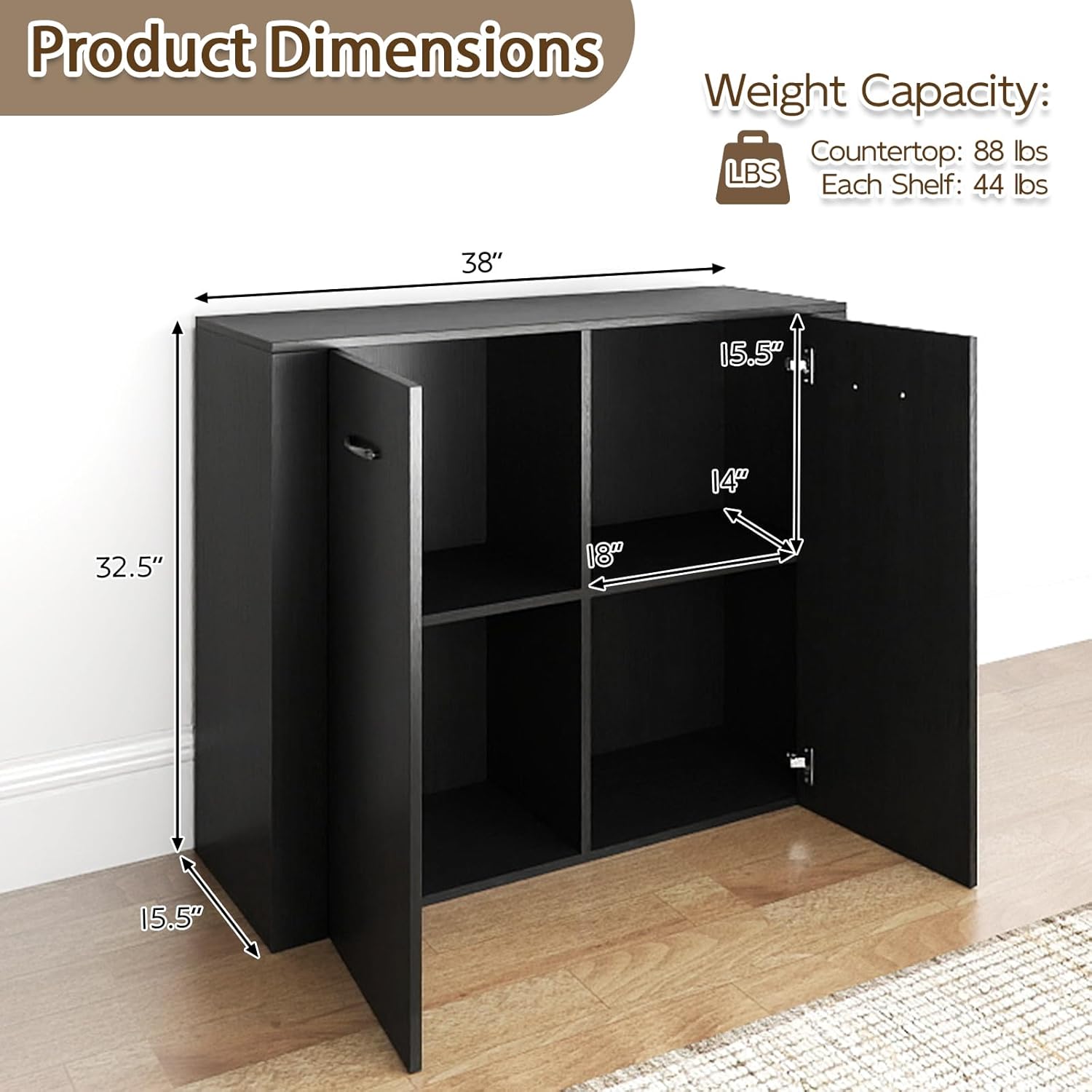 Giantex 38-Inches Storage Cabinet, Sideboard with 2 Doors and 4 Cubic Shelves, Anti-Tipping Device, Sturdy Metal Hings, Credenza, Bathroom Cabinet for Living Room, Kitchen, Entryway, Black