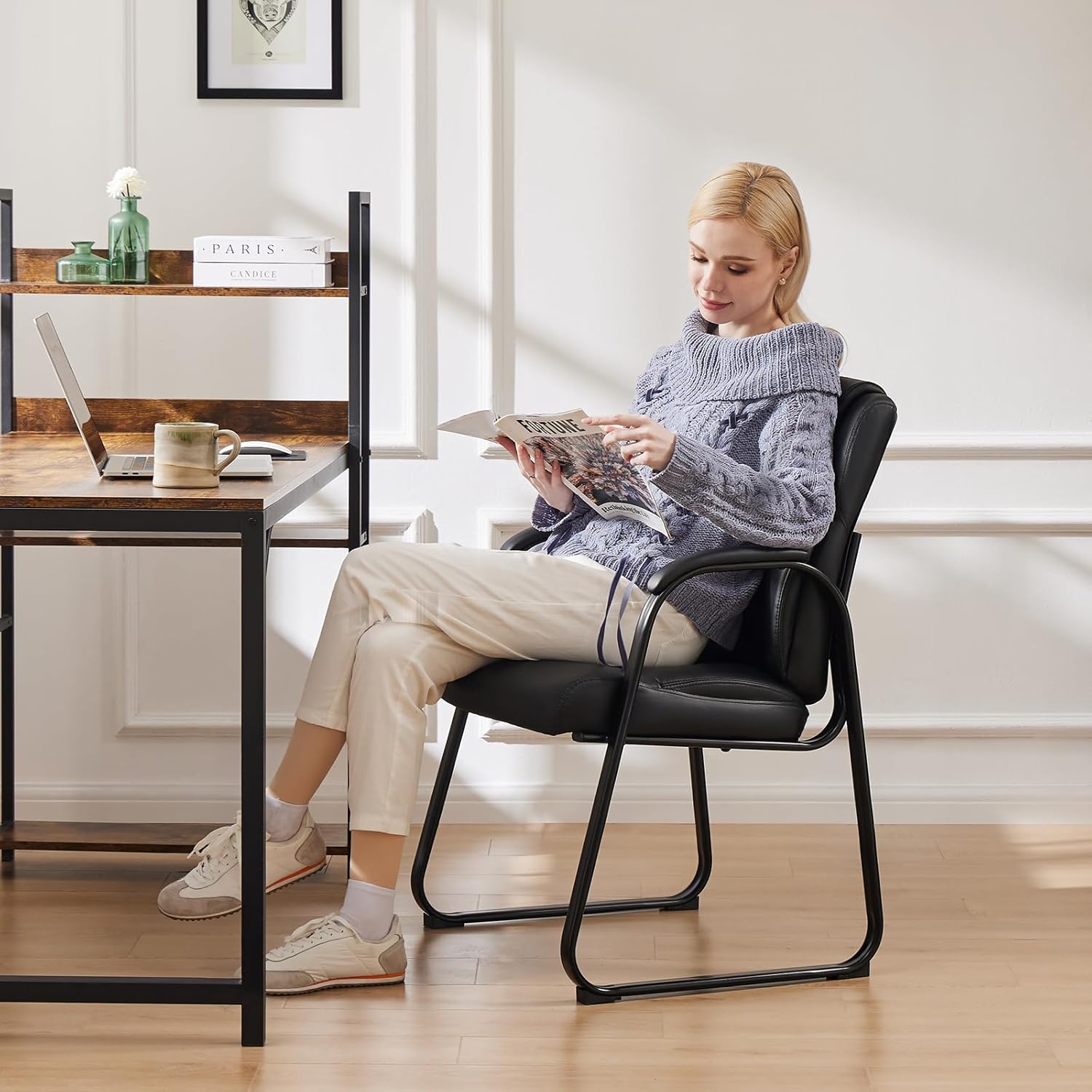 Sweetcrispy Waiting Room Guest Chair Set of 6, Leather Stationary Office Reception Chairs No Wheel, Comfy Padded Arms and Seld Base, for Conference Room Lobby Home Desk Bedroom Elderly, Black