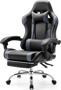 Sweetcrispy Computer Gaming Chair with Footrest, Ergonomic High Back PU Leather Video Racing Chair with Adjustable Headrest & Linkage Armrest, for Office and Home, Adults, Grey