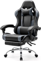 Sweetcrispy Computer Gaming Chair with Footrest, Ergonomic High Back PU Leather Video Racing Chair with Adjustable Headrest & Linkage Armrest, for Office and Home, Adults, Grey