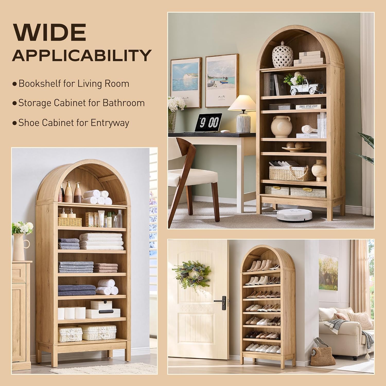 71" Tall Arched Bookshelf Set of 2, 7 Tiers Arch Bookcase with Storage, Modern Farmhouse Book Shelf with Adjustable Shelves, Wood Bookshelf w/Open Display Shelves for Living Room, Office, Natural