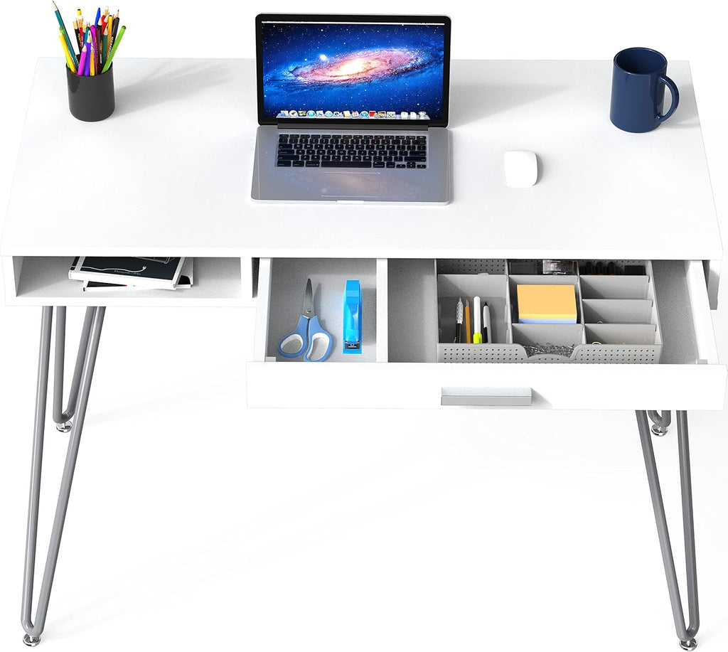 SHW Home Office Computer Hairpin Leg Desk with Drawer, White