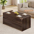 Coffee Table Lift Top with 2 Drawers, 40 Inch Multi-Function Coffee Table with Hidden Compartment, Curved Profile Design, Converts to Home Office Table for Living Room, Walnut