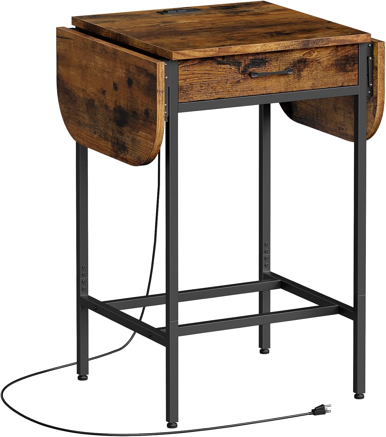 HOOBRO Bar Table, Folding Dining Table, 47.2-Inch Kitchen Table, Drop Leaf Extendabl Table with Outlets, Storage Drawer & Adjustable Feet for Kitchen, Rustic Brown and Black BF126UBT01