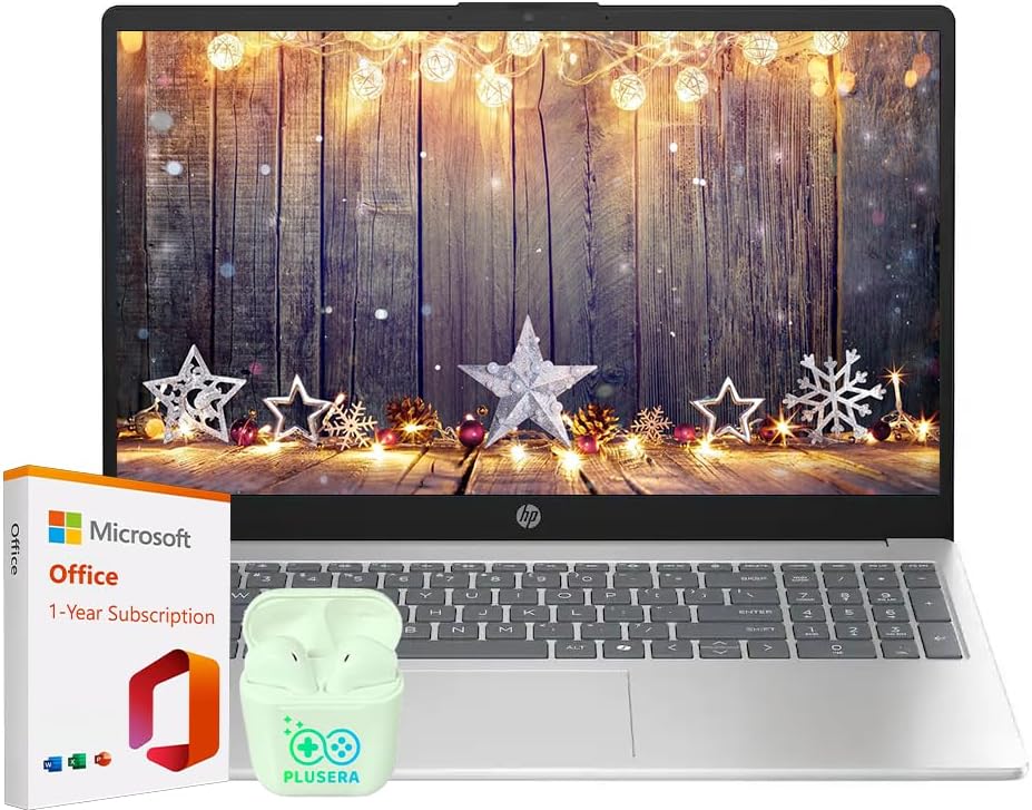 HP 15.6" Laptop with Microsoft Office 365 Included  Intel 4-Core Processor  16GB RAM 128GB SSD  Windows 11  PLUSERA Earphones  Natural Silver