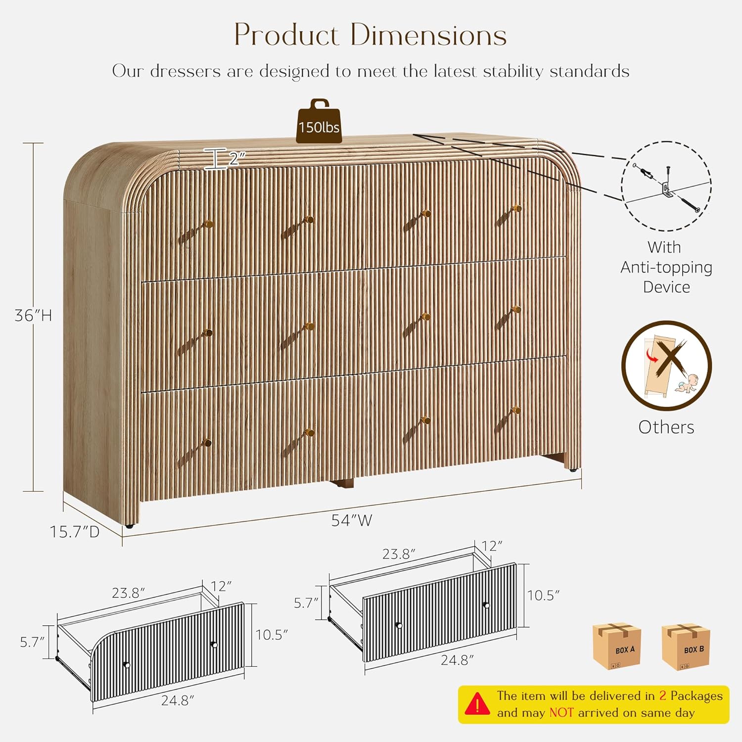 T4TREAM Fluted 6 Drawers Dresser for Bedroom, 54" Wide Modern Chest of Drawers with Thickened Curved Profile Design, Wood Dressers TV Stand for Bedroom, Living Room, Hallway, Natural Oak