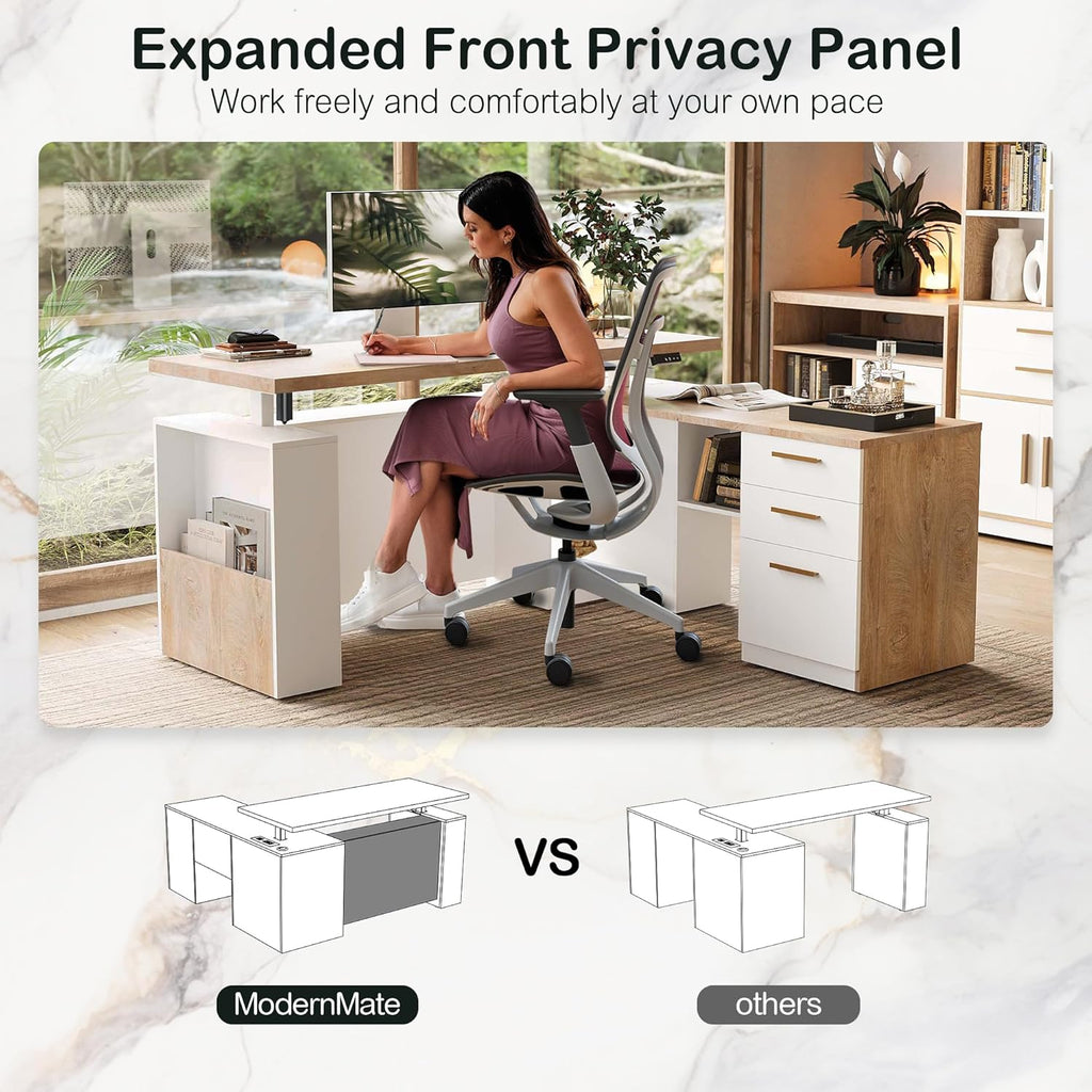 63" Standing Desk with File Cabinet, Privacy Panel, AC/USB, 1.18" Desktop, Executive L Shaped Height Adjustable Electric Stand Up Desk, Home Office Table with 3 Drawers, Light Walnut