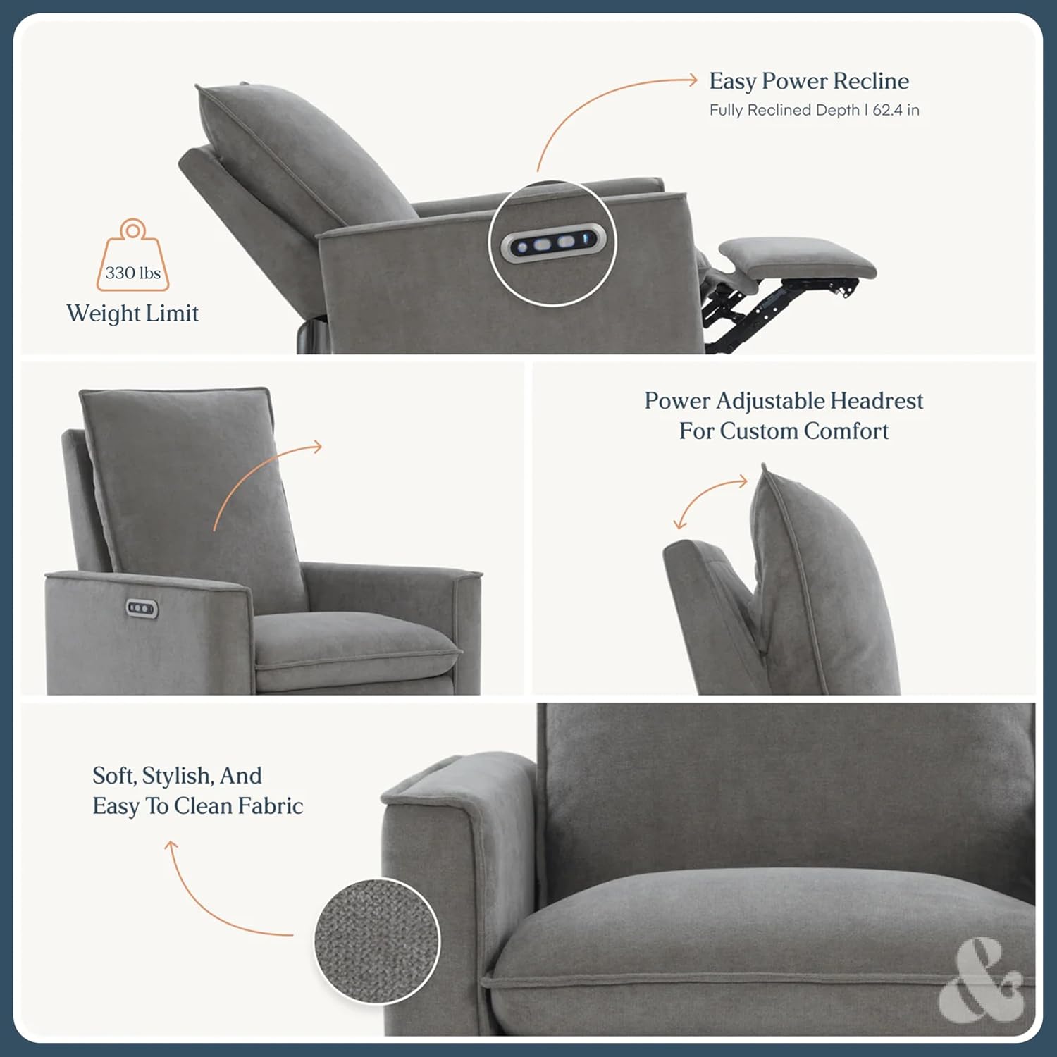 Nurture& Montauk Power Glider Recliner – Premium Nursery Recliner Chair with USB‑A/C, Adjustable Headrest & Gentle Glide, Stain‑Resistant Upholstery, Comfortable & Space‑Smart, Gray