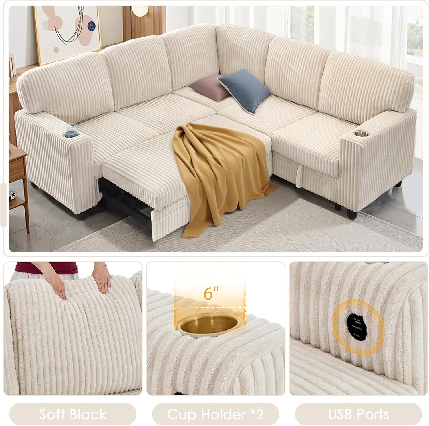 81" Modular Sectional Sofa, L Shaped 5-Seater Sleeper Sofa with Pull Out Bed, Hidden Storage, Cup Holders & USB Charging Ports, Sectional Couches for Living Room, Corduroy, Beige