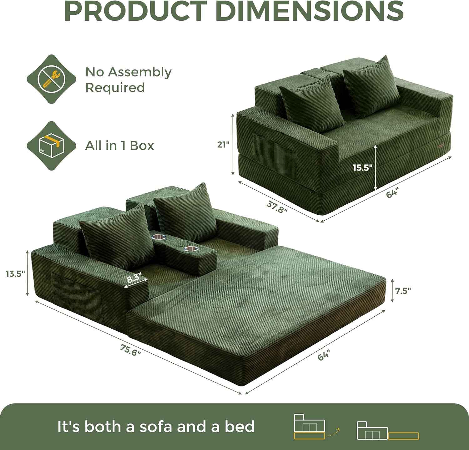 MAXYOYO Loveseat Sofa Bed, 64" Foldable Floor Sofa Couch in A Box with 2 Cup Holders, 4 in 1 Convertible Boneless Couch Folding Recliner Sleeper Chair for Living Room, No Assembly Required, Green