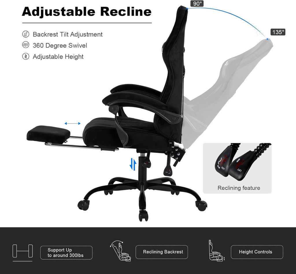Velvet Gaming Chair for Adults with Pocket Spring Cushion Seat,Soft Gaming Chair Fabric with Extendable Footrest, Swivel Recliner with Ergonomic Lumbar Support and Headrest for Home/Office(Black)