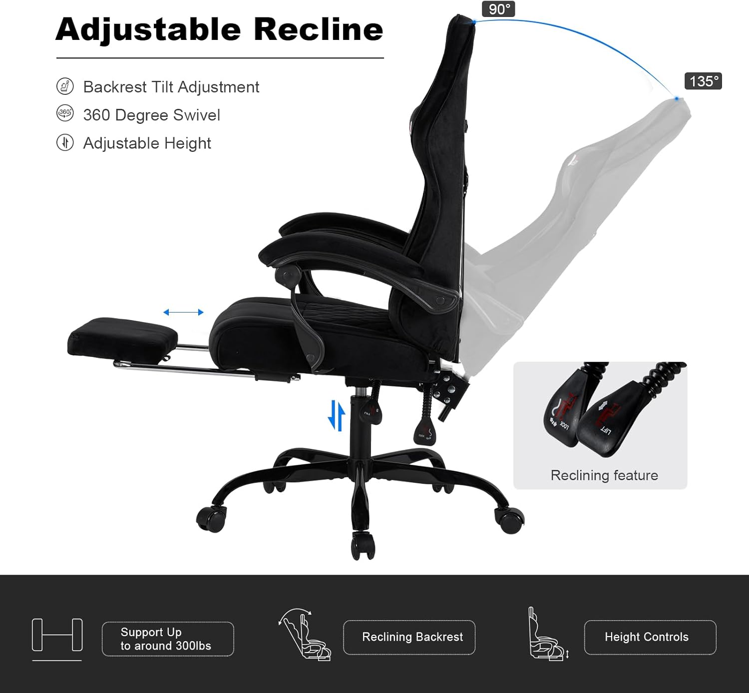 Velvet Gaming Chair for Adults with Pocket Spring Cushion Seat,Soft Gaming Chair Fabric with Extendable Footrest, Swivel Recliner with Ergonomic Lumbar Support and Headrest for Home/Office(Black)