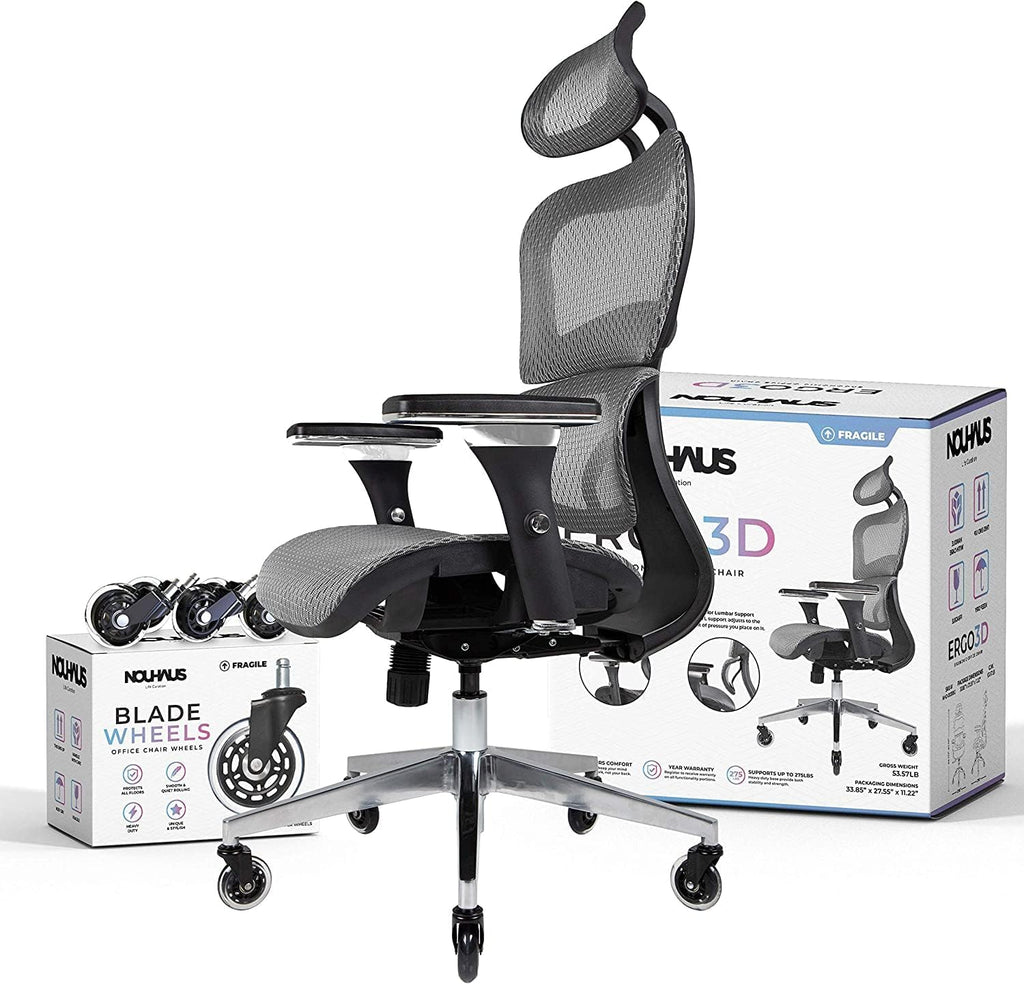 Nouhaus Ergo3D Ergonomic Office Chair Lumbar Support Mesh Office Chair with 4D Adjustable Armrest, Adjustable Headrest and Wheels, Mesh High Back Home Office Desk Chairs (Grey)