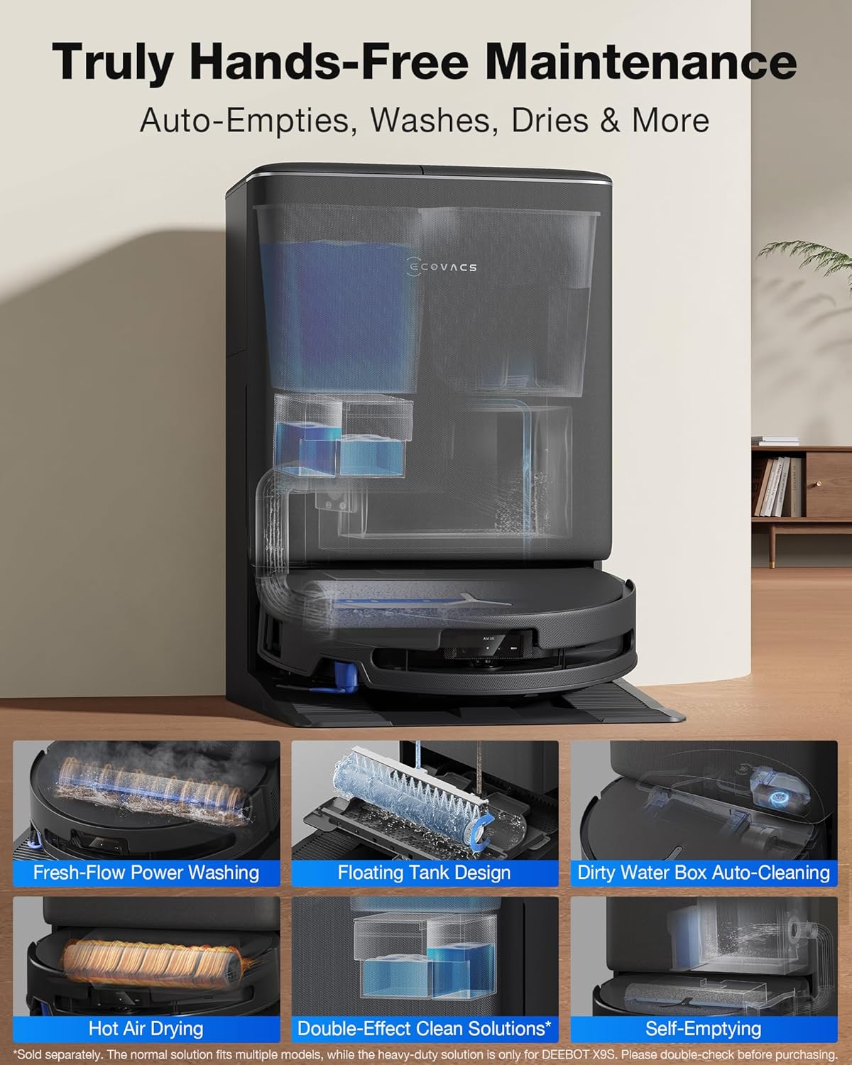 ECOVACS DEEBOT X9S PRO Omni Robot Vacuum and Mop, 30,000Pa Suction, Instant Self-Cleaning OZMO Roller Mop, TruEdge Deep Edge Cleaning, ZeroTangle, Dual-Cleaning Solution System, AI Obstacle Avoidance