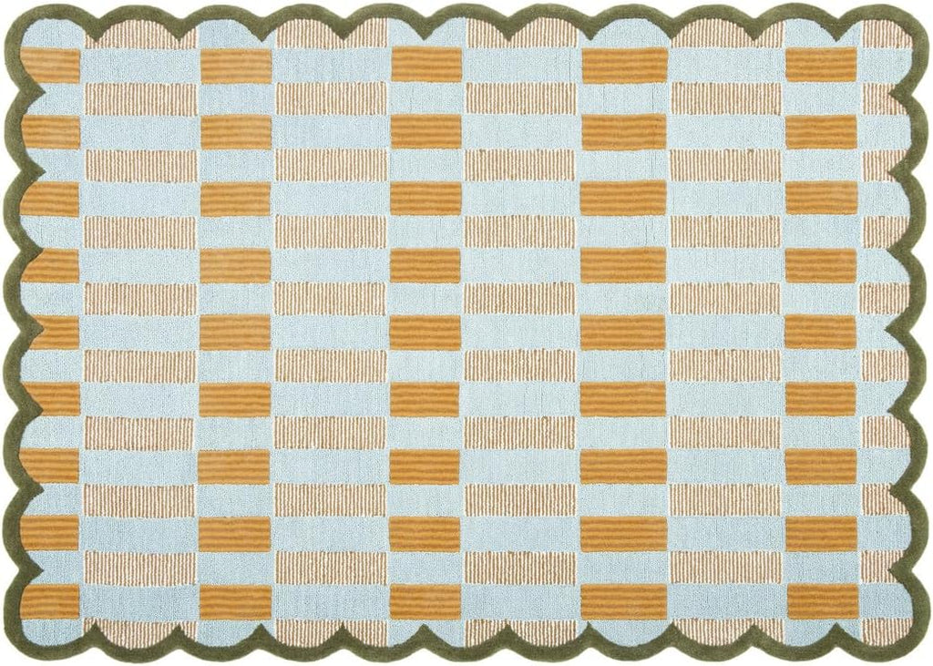 Checkered Hand-Tufted 100% Wool Area Rug - 5x8 Ft, Rectangular Light Blue Base with Mustard and Beige Blocks, Olive Green Scalloped Edge, Cotton Backing Plush Carpet for Bedroom & Nursery