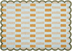 Checkered Hand-Tufted 100% Wool Area Rug - 5x8 Ft, Rectangular Light Blue Base with Mustard and Beige Blocks, Olive Green Scalloped Edge, Cotton Backing Plush Carpet for Bedroom & Nursery