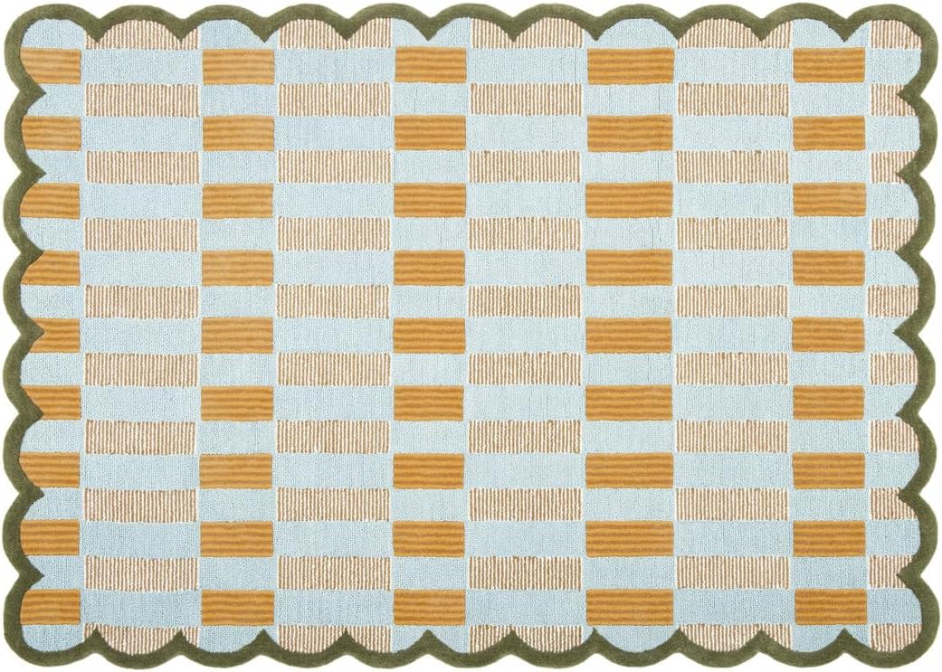 Checkered Hand-Tufted 100% Wool Area Rug - 5x8 Ft, Rectangular Light Blue Base with Mustard and Beige Blocks, Olive Green Scalloped Edge, Cotton Backing Plush Carpet for Bedroom & Nursery
