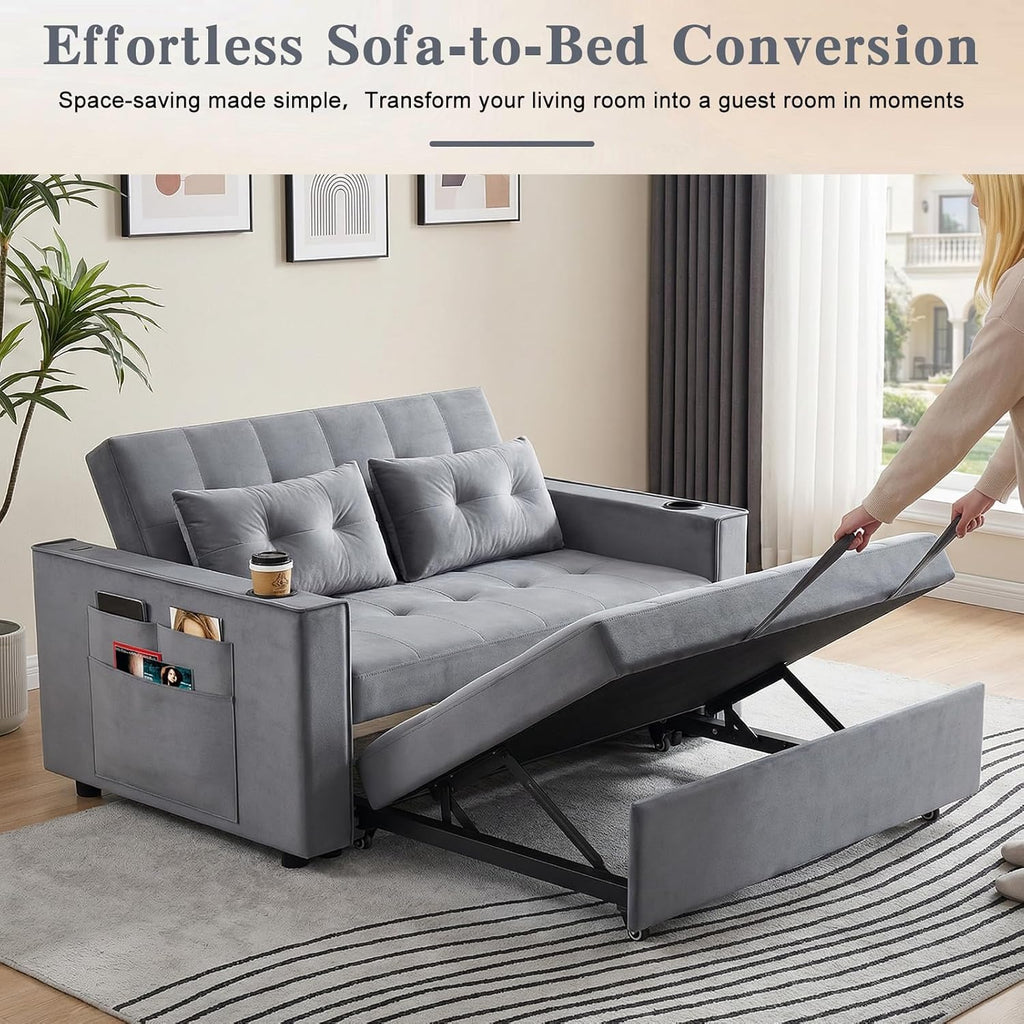 3-in-1 Pull Out Sofa Bed with Charging Station, Cup Holder & Side Storage - 70" Multi-Functional Recliner Sofa Bed for Home Living Room Grey 2