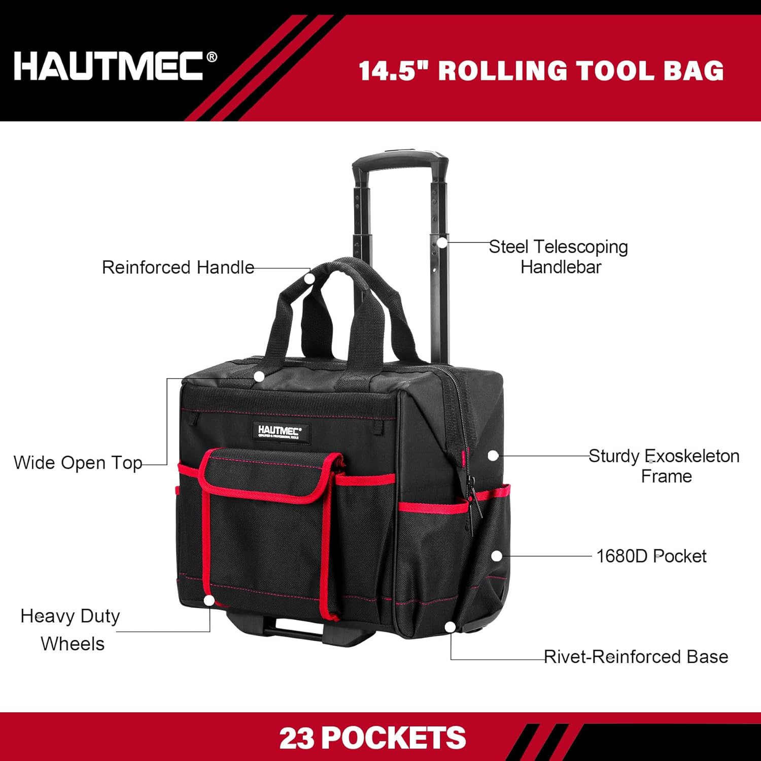HAUTMEC 2-Piece Rolling Tool Bag Set, 15" Wheeled Tool Bag & Wide Mouth Tool Tote, Heavy-Duty Tool Storage Organizer with Durable Off-Road Wheel, Steel Telescoping Handle & Shoulder Strap – HT0288