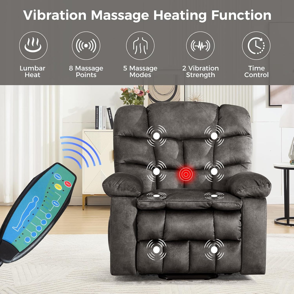 Power Lift Recliner Chair for Elderly with Vibration Massage and Lumbar Heating, Overstuffed Electric Lift Chair with 2 Side Pockets and Cup Holders, USB & Type-C for Living Room, Textile Black