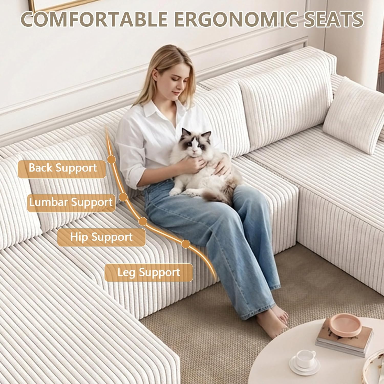 124" U Shaped Cloud Couch Sectional, Corduroy Upholstered 4-Seater Cloud Couches for Living Room, Deep Seat Modular Boneless Sofa with Lounge Chaise, No Assembly Required, White