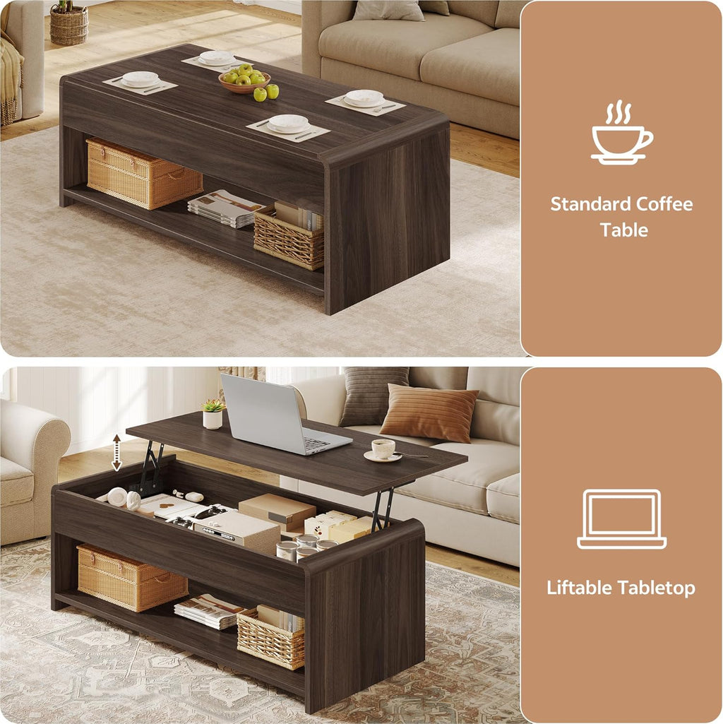 Coffee Table Lift Top, 35 Inch Modern Coffee Table with Hidden Compartment & Open Shelf, Curved Profile Design, Converts to Home Office Table, Center Table for Living Room, Walnut