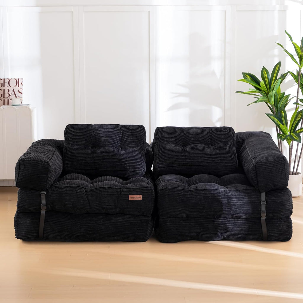 MAXYOYO Folding Sofa Bed, L-Shaped Convertible Sofa with Armrest Foldable Sleeper Bed with Pillow, Portable Fold Out Chair Comfy Floor Lounge for Living Room Bedroom, Black