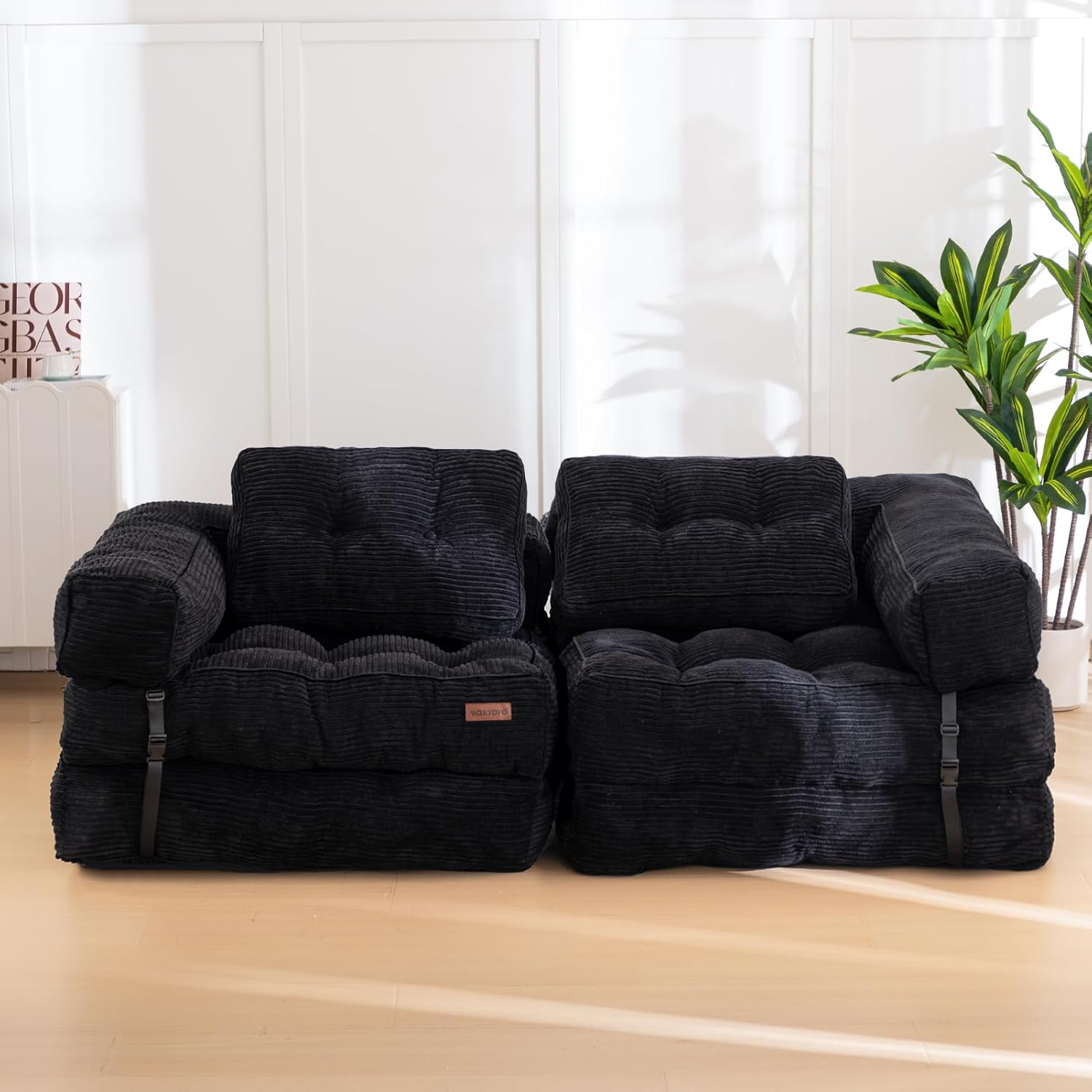 MAXYOYO Folding Sofa Bed, L-Shaped Convertible Sofa with Armrest Foldable Sleeper Bed with Pillow, Portable Fold Out Chair Comfy Floor Lounge for Living Room Bedroom, Black