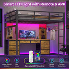 ADORNEVE Full Size Loft Bed with Desk and 8 Storage Drawers, Metal Loft Beds Full with LED Lights & Charging Sation, Heavy Duty Loft Bed Frame with 6 Storage Shelves, Space-Saving, Rustic Brown