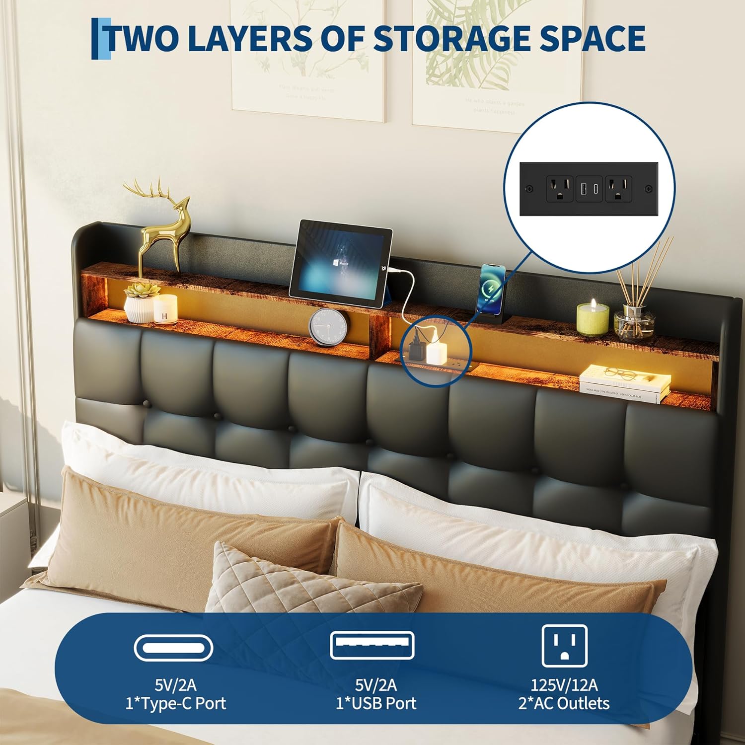 Garvee Queen Size Bed Frame with 2 Storage Drawers, Upholstered Bed Frame Queen with LED Light, Double-Layer Bedside Headboard with Charging Socket and USB Port, Soft Plush Fabric, White