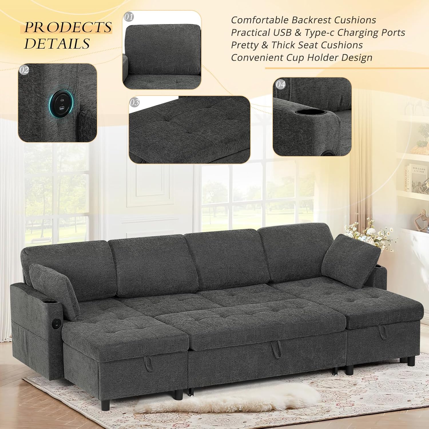 110" Fabric Pull-Out Couch Bed w/Adjustable Backrests, Sectional Sleeper Sofa w/USB Ports & 2 Cup Holders, Upholstered U-Shaped Couch w/Storage Chaise for Living Room, House, Grey