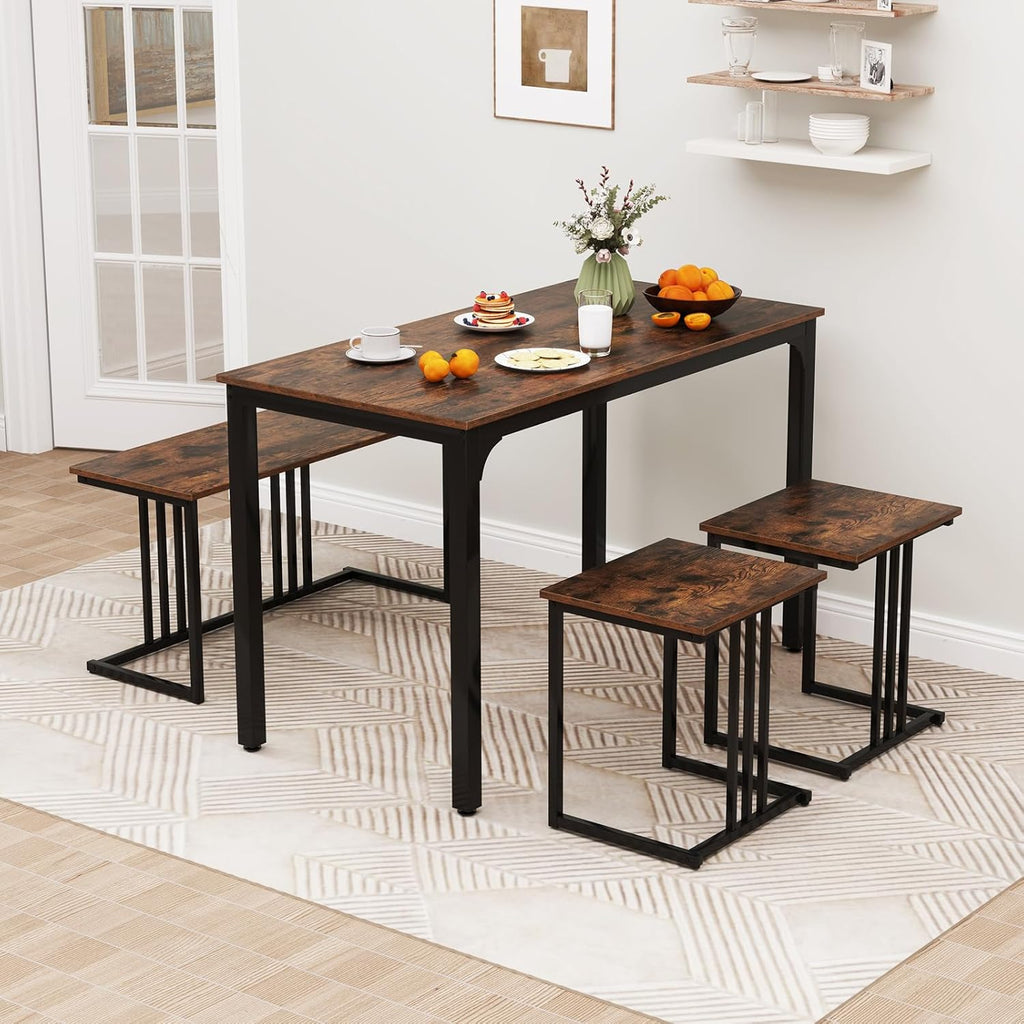 Giantex 4-Piece Dining Table Set for 4, Modern Kitchen Table and Chairs, Nesting Furniture Set with Bench & 2 Stools, Space-Saving Desk Set, Dinette Set for Small Place, Dining Room Restaurant (Brown)
