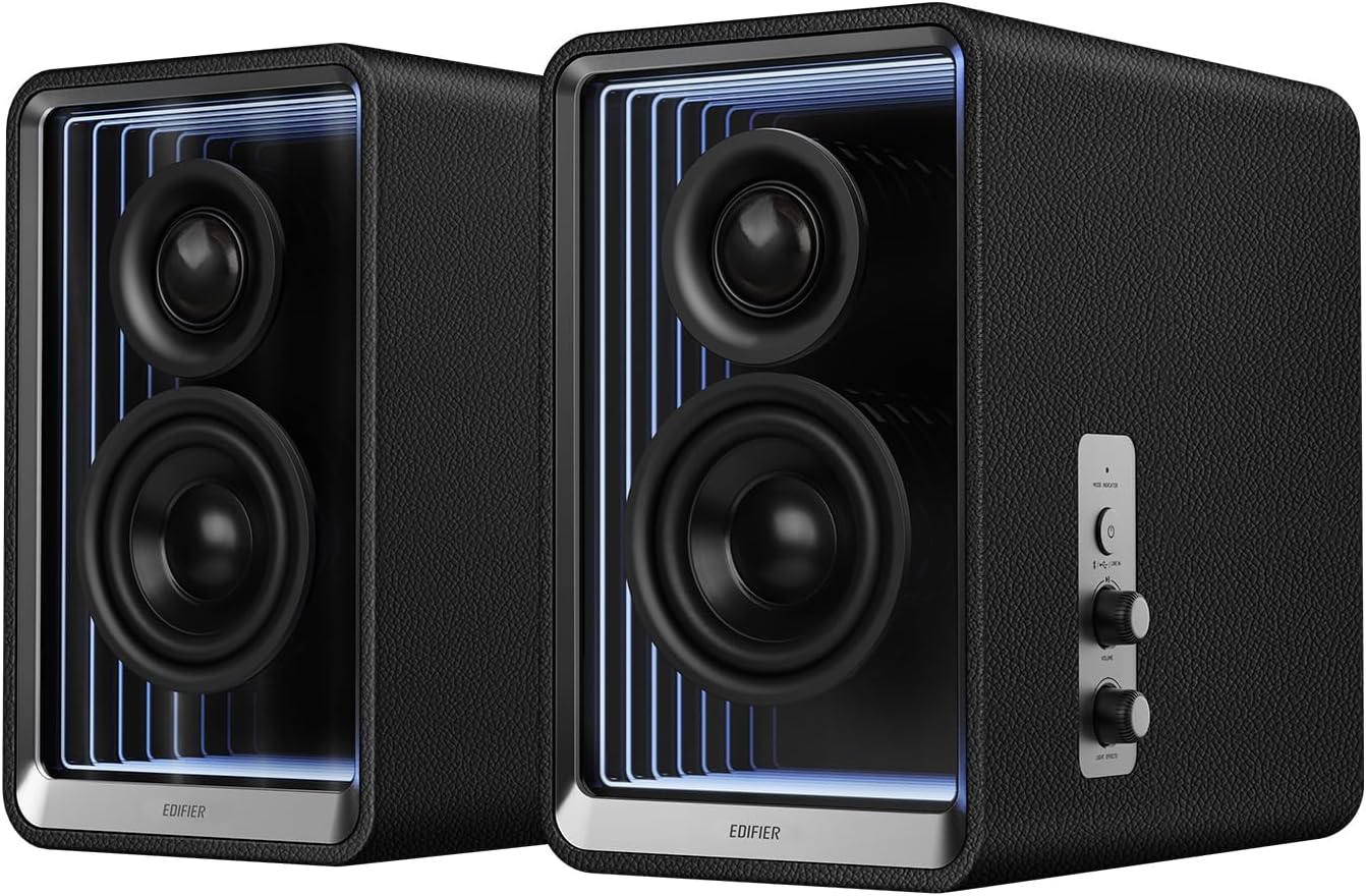 Edifier QR65 Desktop Active Monitor with 2.75" Long-Throw Aluminum Diaphragm mid-Low Drivers  Hi-Res Audio  Brilliant Light Effects  70W Output Power Bluetooth Speakers with Stands - Black