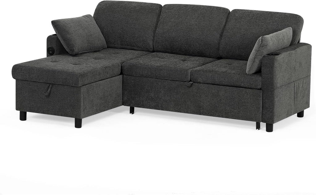 84" L-Shape Pull Out Sofa with 2 Storage Chaise, Fabric Sectional Sleeper Sofa with Adjustable Backrest, Upholstered Reversible Couch Bed with USB Port for Living Room, House, Grey