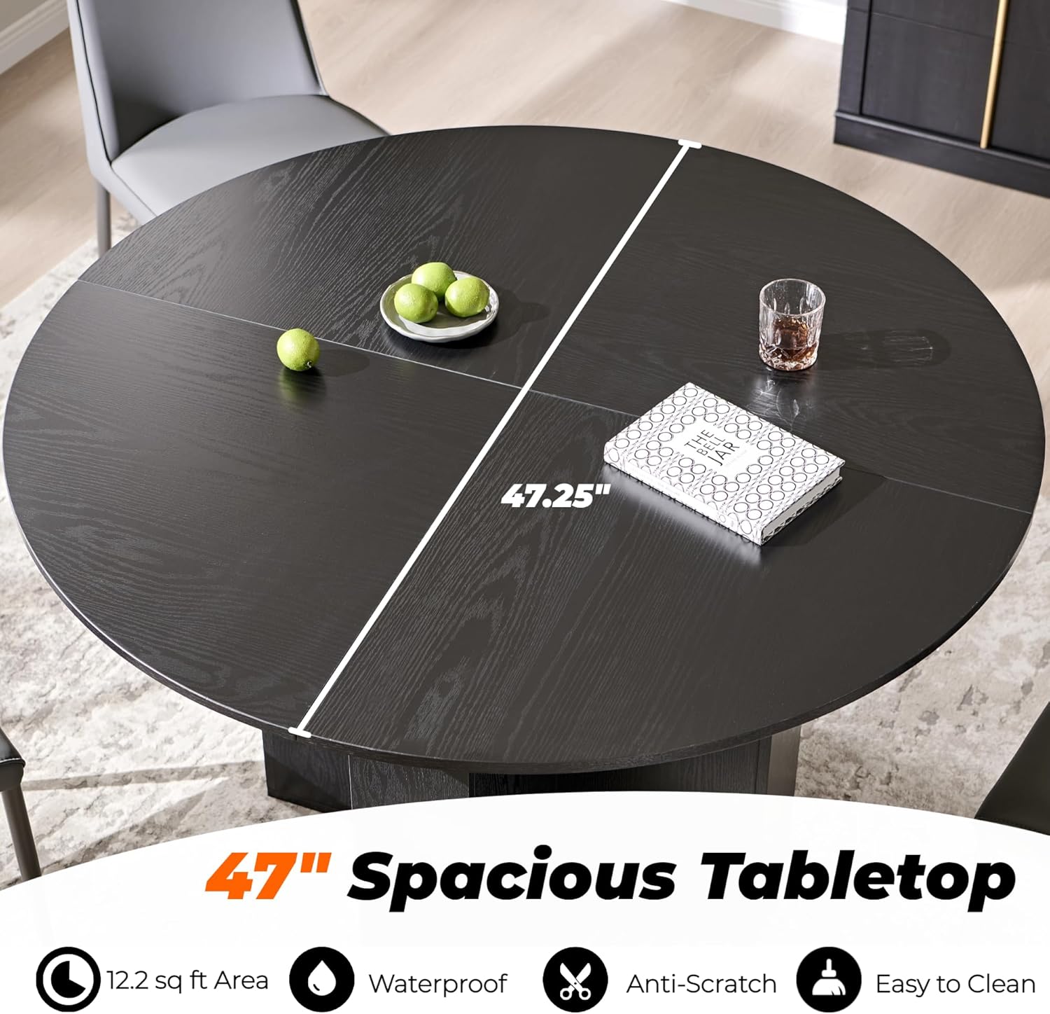 OKD 47 Inch Modern Wood Round Dining Table for 4, Dining Room Table with Stable Cross Pedestal Base & Thick Tabletop, Sturdy Circle Kitchen Table for Dinner Room, Kitchen, Nook, Black Oak
