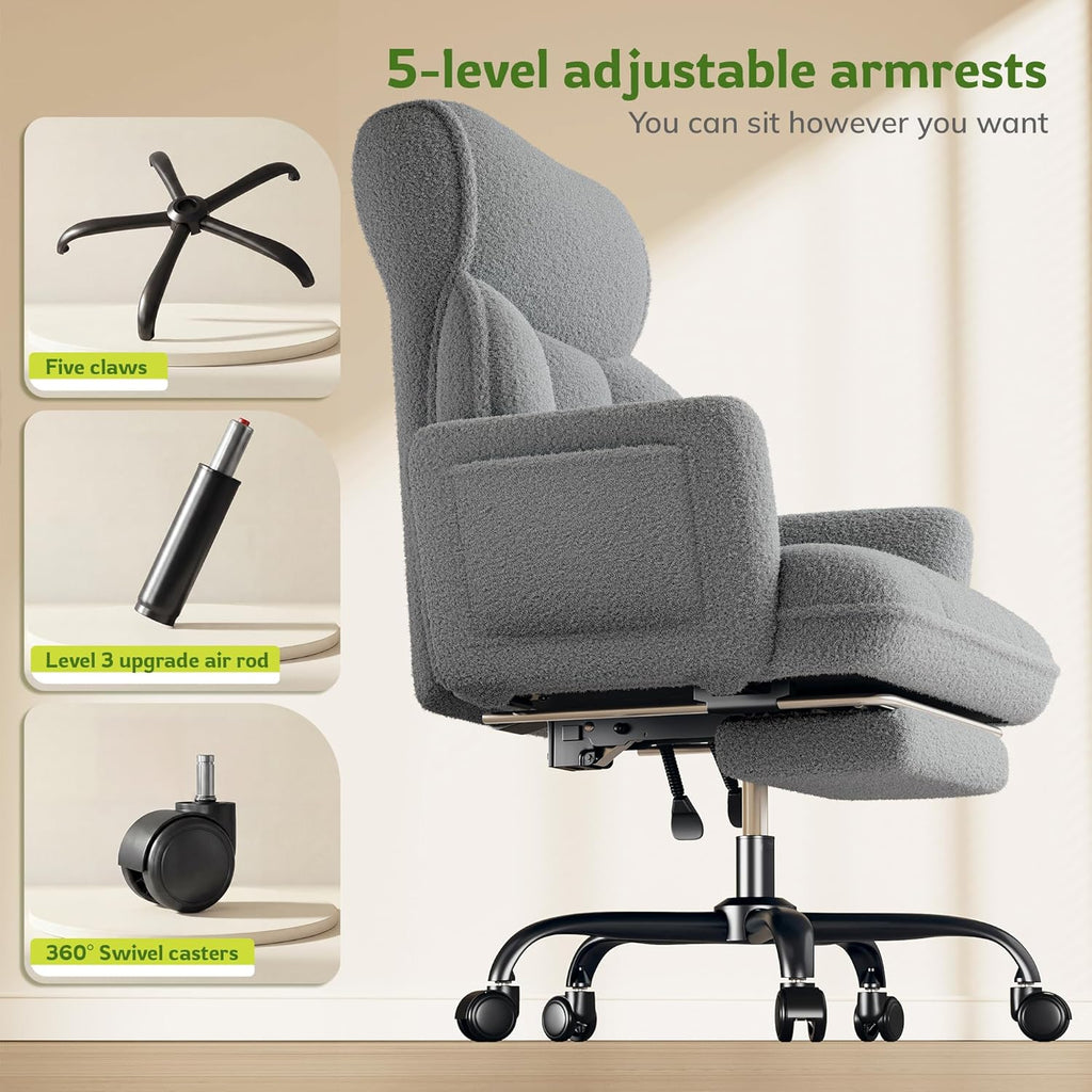 Big and Tall Office Chair with Adjustable Arms and Back, Ergonomic Office Chair with Footrest and Comfortable Fabric for Home Office, Bedroom,Grey