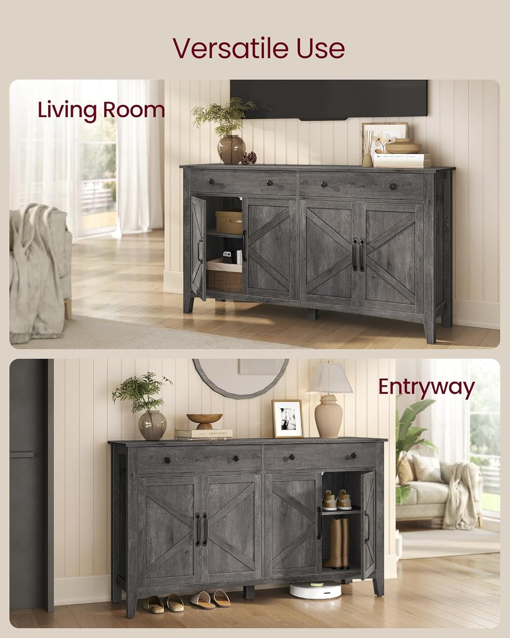 VASAGLE LIRY Collection - Buffet Cabinet, Coffee Bar Cabinet with 2 Drawers, Adjustable Shelves, Sideboard Storage with Cable Holes, Drawer Dividers, Misty Gray UBBK381GW01S